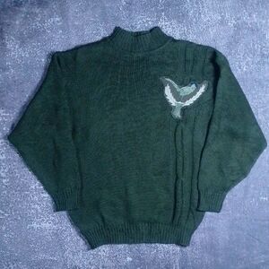 Vintage 90s OLSEN Green Sweater with Embroidered Bird Patch Design